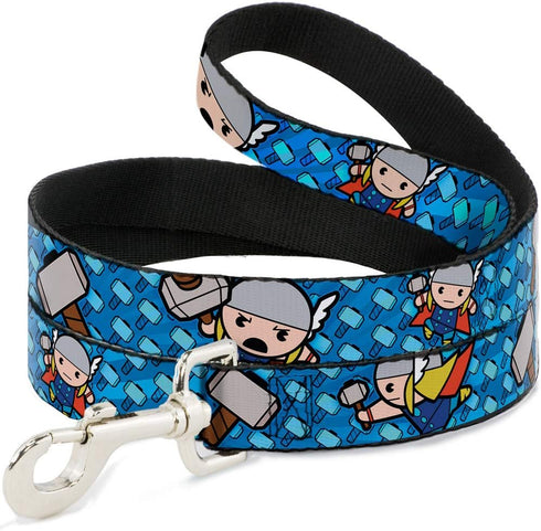 Buckle-Down Pet Leash - Kawaii Thor Poses/Hammer Monogram Blues - 4 Feet Long - 1/2" Wide...