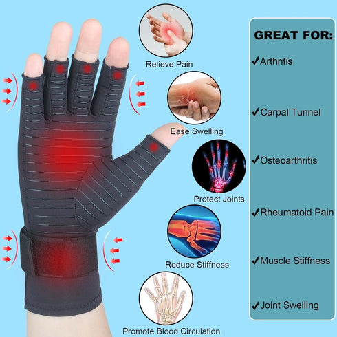 Copper Arthritis Gloves with Adjustable Wrist Strap for Women Men, Fingerless Compression Gloves for Arthritis, Carpal Tunnel, Pain Relief, Swelli...