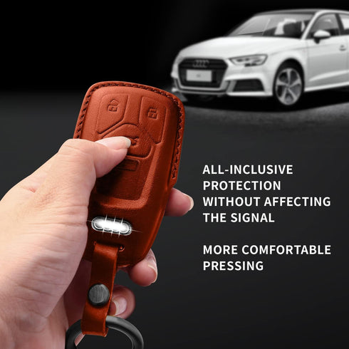 Tukellen for Audi Key Fob Cover Genuine Leather with Keychain,Leather Key Case Protector Compatible Audi A4 Q7 Q5 TT A3 A6 SQ5 R8 S5 Smart Key-Bro...
