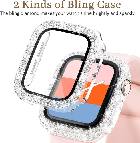2-Pack Bling Case with HD Screen Protector Women Compatible with Apple Watch 40mm Diamond PC Bumper Full Protective Face Cover for iWatch Series 4...