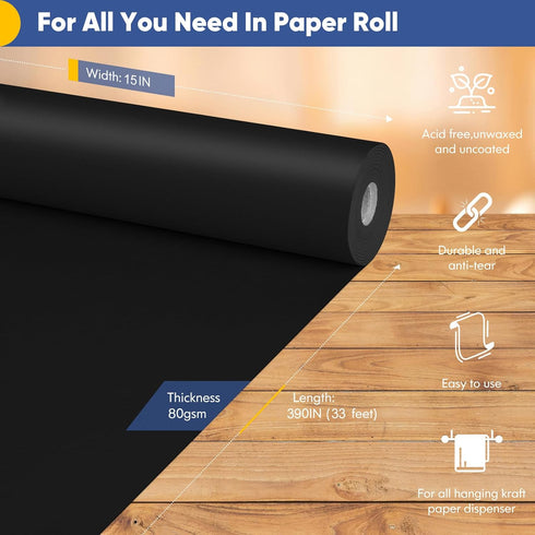 Black Wrapping Paper 15" x 390", Craft Kraft Paper Black Construction Paper, Poster Bulletin Board Paper Easel Painting Drawing Paper Roll Kids Ar...