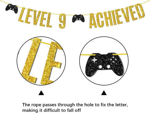 Level 9 Achieved Banner, Game on Level 9 Hanging Sign, Glittery Video Gamer Happy 9th Birthday Party Decorations...