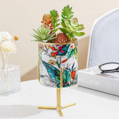 MyGift Handcrafted Intricate Design Planter Pot with Gold Rim and Colorful Floral Pattern and Removable Brass Tone Metal Stand, Handmade in India...