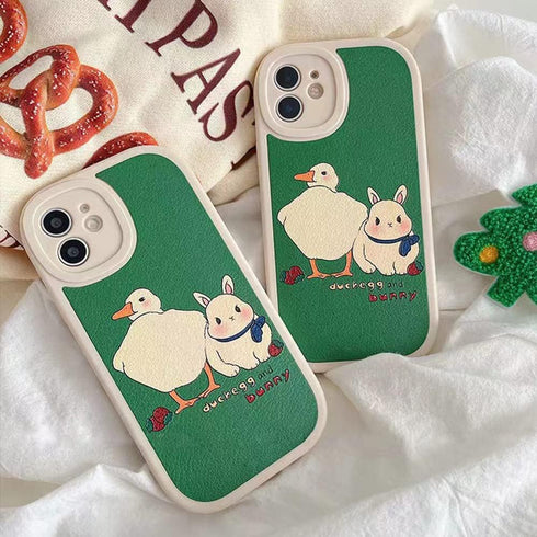 Casechics Compatible with iPhone Case,Cute Kawaii Bunny Duck PU Leather Bumper Camera Lens Protection Soft Shockproof Cover Phone Case (Green,iPho...