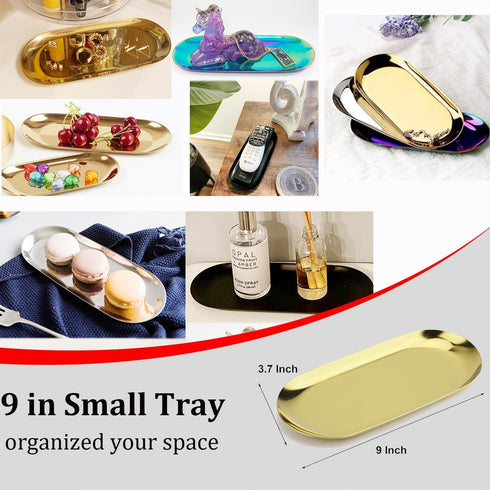 Stainless Steel Decorative Tray, Set of 2, 9 Inch Long, Jewelry Dish Cosmetics Organizer Bathroom Clutter Serving Platter Small Storage Tray, Oval...