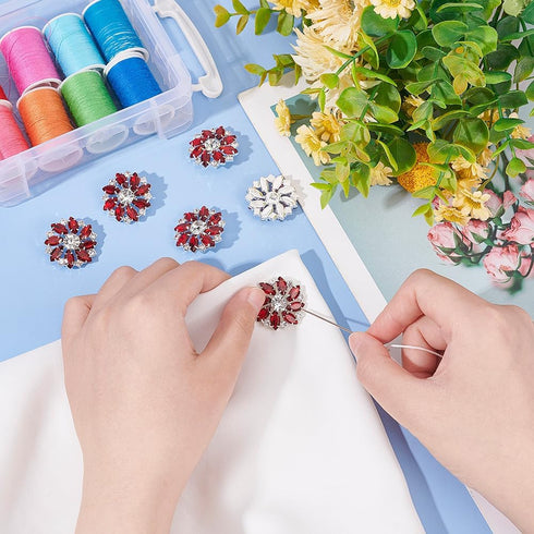 FINGERINSPIRE 6PCS Flower Brass Rhinestone Shank Buttons 26MM Red Crystal Sew On Buttons with 1-Hole and Flat Back, Fashion Claw Rhinestone Snowfl...