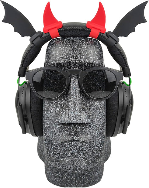 RUKUHOT Halloween Black Bat Wings + Red Devil Horns Headphone Attachment, Bat Devil Horns Headband Headset Decor, Cosplay Props Bat Wing for Hallo...