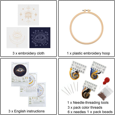 Anidaroel 3 Sets Evil Eye Embroidery Starters Kit for Beginners, Stamped Cross Stitch Kits for Beginners Adults Include Embroidery Cloth, Embroide...