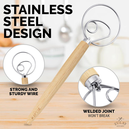 Zulay Kitchen 13-Inch Danish Dough Whisk - Wooden Danish Whisk for Dough with Stainless Steel Dough Hook - Traditional Dutch Whisk - Bread Whisk f...