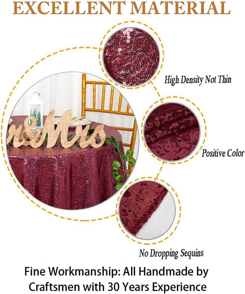 ShiDianYi 50 Inch Round Sequin Tablecloth - Burgundy Sparkling Party Decor for Weddings, Birthdays, Bridal Showers | Wrinkle-Free Luxury Table Cov...