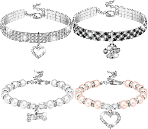4 Pcs Pearl Dog Collar Necklaces Small Dogs Cats Rhinestones Collar Necklace Set, Crystal Pet Puppy Dog Necklace Adjustable Dog Jewelry for Pet Sm...
