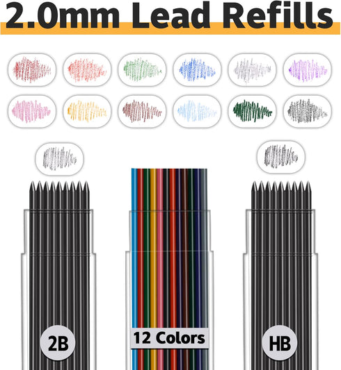 MyLifeUNIT 22 Pcs 2.0 mm Mechanical Pencils Set, 8 Pcs Lead Pencils with 10 Case Lead Refills 2B, HB Black & Colors, 2 Pcs Erasers and 2 Pcs Sharp...