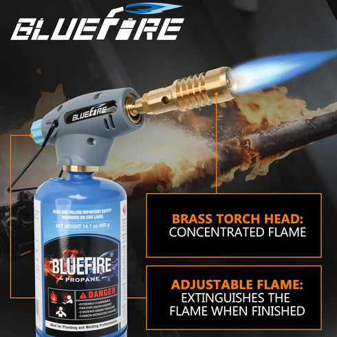 BLUEFIRE Handy Cyclone Torch Head Portable Brass Gas Torch Manual Ignite Fuel by MAPP MAP PRO Propane Gas Cylinder for Soldering Welding Plumbing ...