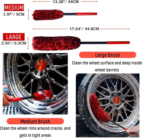 Professional 4 Pack Long Handle Wheel Brush Kit for Cleaning Wheel and Tire- 2X Soft Wheel Cleaning Brush, Detailing Brush and Stiff Tire Brush, B...