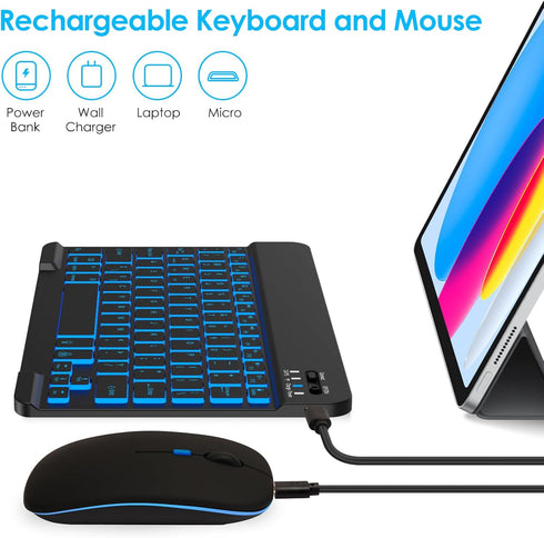 LAMA 7 Colors Backlit Universal Bluetooth Keyboard and Mouse, Ultra-Slim Rechargeable Wireless Keyboard and Mouse for iPad/iPad Mini/iPad Air iPad...