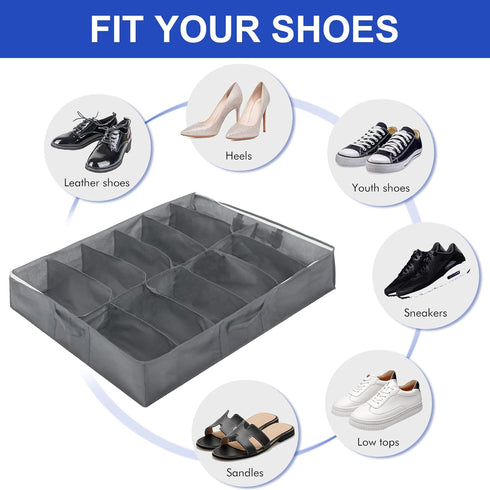 Surblue Under Bed Shoe Storage Organizer Underbed Shoes Closet Storage Solution 2 Metal zippers and 3 Handles with Clear Cover for Men's and Women...