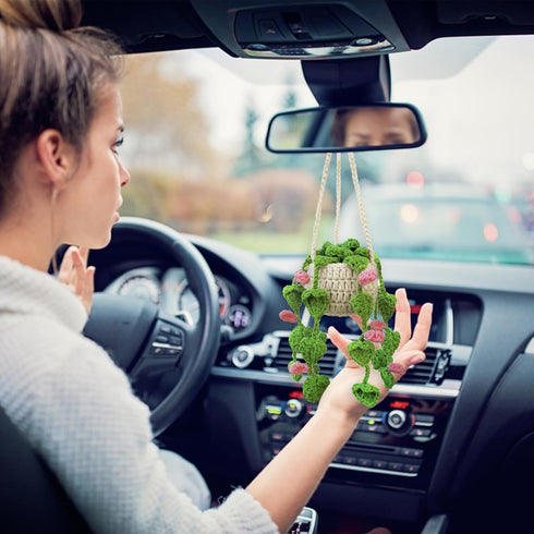 Crochet Hanging Plant for Car Cute Potted Plants Crochet Decor Car Mirror Hanging Accessories Rear View Ornament Hanging Boho Handmade Knitted Pen...