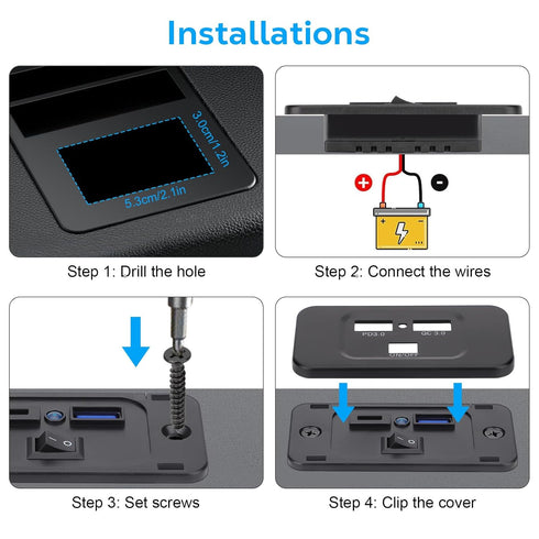 Linkstyle 12V USB Outlet, 36W QC3.0 USB-A Port & 30W PD3.0 USB-C Port Charger Socket, Blue Indicator, Switch, for Marine Trunk...