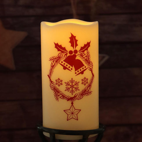Christmas Theme Outdoor LED Flameless Candle Battery Operated with Timer Flickering LED Pillar Candle Bell Pattern Winter Festival Party Decoratio...