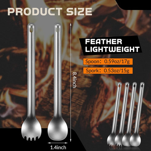 4 Pieces Titanium Long Handle Spork and Spoon 8.4 Inch Ultralight Portable Flatware Lightweight Soup Spoon Camping Spork Utensil for Outdoor Campi...