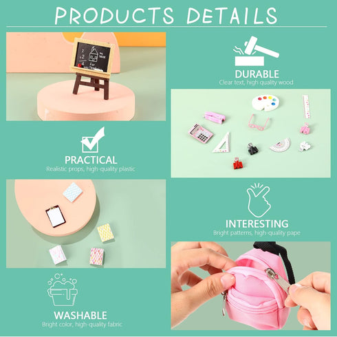 18 Piece Mini School Supplies for Dolls, Doll House School Supplies Accessories Includes Doll Backpack Glasses Blackboard Mini Book Palette Paper ...