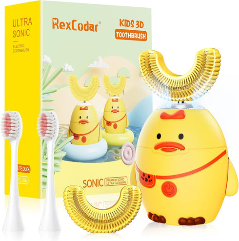 RexCodar Kids Electric Toothbrush, U Shaped Ultrasonic Automatic Toothbrush IPX7 Waterproof Toothbrush with 5 Smart Modes (Cartoon Duck,Ages 2-6)...