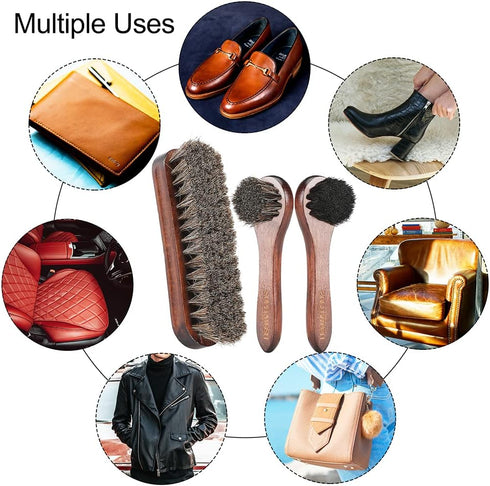 3 Pieces Horsehair Shoes Shine Brush Kit - Soft Bristles Leather Clean & Care Brushes for Shoes, Boots, Clothes and Bags, 1 Shoe Shine Brush + 2 P...