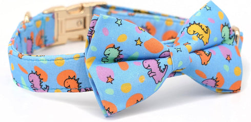Dog Collar with Bow, Blue Dinosaur Bowtie Dog Collar, Adjustable Pet Gift Collars for Small Medium Large Dogs...