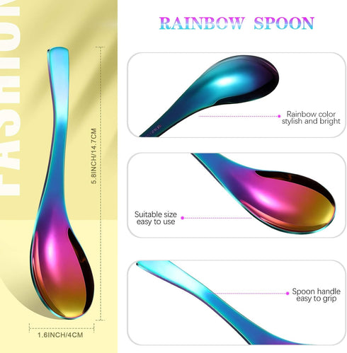6 Pieces Rainbow Soup Spoon Colorful Stainless Steel Spoon Mirror Finish Spoons Kitchen Serving Spoons for Soup Rice Tea Milk Coffee Dessert...