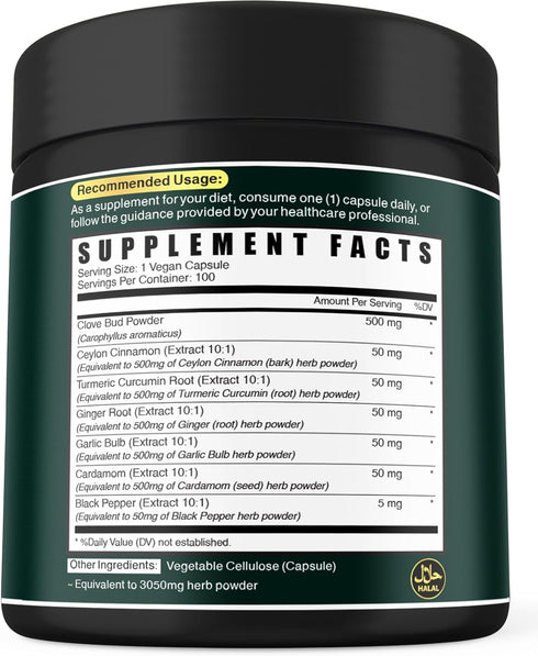 7in1 Clove Supplement Rich in Vitamins & Minerals for Digestive, Immune System, Bone & Heart Health with Cinnamon, Turmeric, Ginger, Cardamom, Gar...