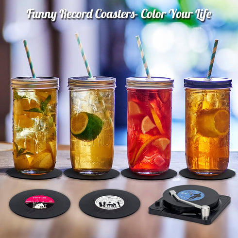 Valdivia Funny Retro Vinyl Record Coasters with Player, 6 Pcs Music Coasters for Drinks, Bars, Party, Birthday Gifts for Music Lovers, Home Decor ...