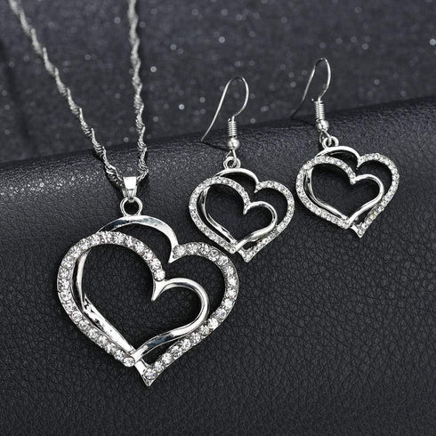 Wedding Jewelry Mother's Day Gifts Double Heart Pendant Necklace and Earring Set for Mom Women Bride Bridesmaids...