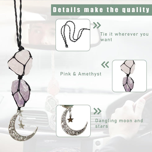 Hanging Car Charms, Tourmaline & Calcite Car Ornament, Crystal Car Rear View Mirror Interior Accessories, Car Handmade Moon Decoration, Valentine'...