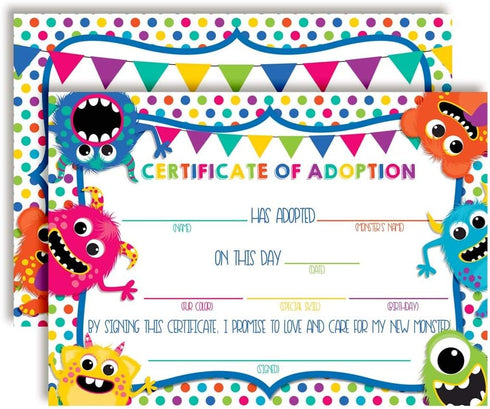 Cute Monster Plush Pet Stuffed Animal Themed Certificates of Adoption for Kids' Birthday Parties, 10 5"x7" Fill in Cards by AmandaCreation...