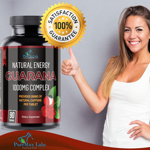 Natural Energy Guarana 1000MG - provides 200MG of herbal caffeine (2 cups coffee), antioxidants, boost energy, natural caffeine tablets, 90 Tablet...