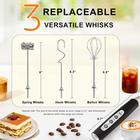 YUSWKO Black Handheld Milk Frother Wand for Coffee, Rechargeable Electric Whisk with 3 Heads 3 Speeds Drink Mixer Coffee Frother For Latte, Cappuc...