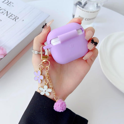 Cute Purple Case for Airpods 3rd Generation Cover for girl Women with Pom pom Flower Keychain & Cleaner Kit, Soft Silicone Airpods iPod 3rd Gen Pr...