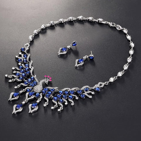 Peacock Necklace Earrings Jewelry Set for Women Austrian Crystal Enamel Peacock Necklace Set Fashion Banquet Accessories Gift (Blue set)...