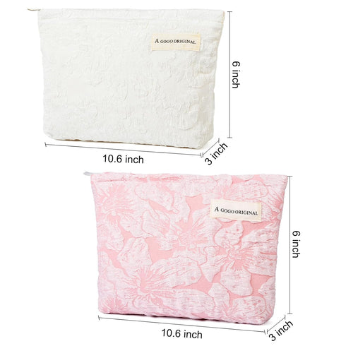 2 Pieces Embossed Pink Flower Makeup Bag Large Floral Cosmetic Bag Capacity Canvas Travel Toiletry Bag Organizer Cute Makeup Brushes Aesthetic Acc...