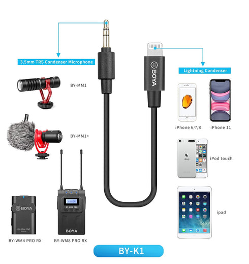 BOYA 3.5mm TRS to Lightning Adapter Cable, 3.5mm Male to Apple MFi Certified Male Lightning Cable (20cm) Compatible with iPhone 11 10 x 8 7 iOS De...