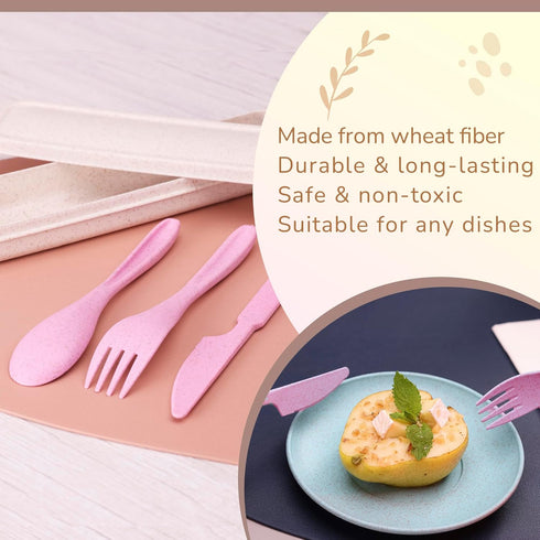 Wheat Straw Travel Utensils Set with Case - Kids Cutlery Set - BPA Free Portable Silverware for Lunch Box - Fork Spoon Knife Set with Case - Eco F...