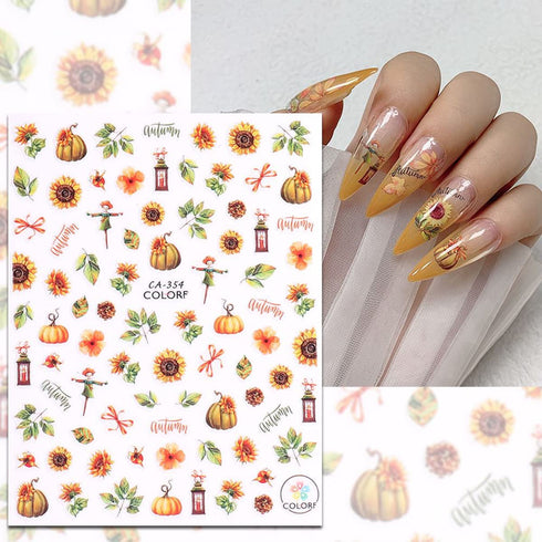 Fall Nail Art Stickers 3D Self-Adhesive Thanksgiving Nail Art Supplies Maple Leaf Nail Stickers Pumpkin Leaf Squirrel Sunflower Flower Designs Nai...