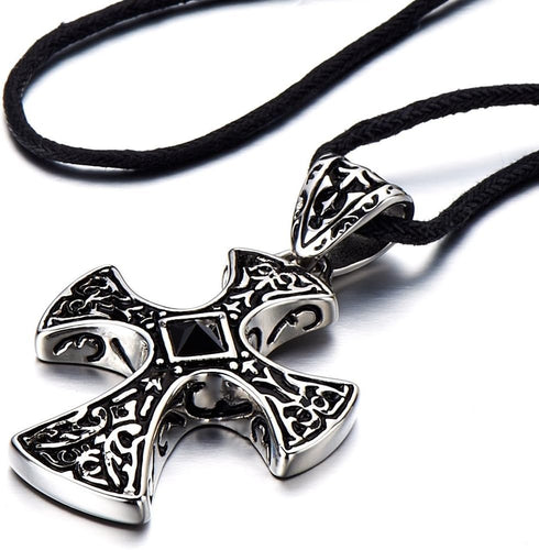 COOLSTEELANDBEYOND New Stainless Steel Gothic Celtic Cross Pendant Necklace with Cz Accent 22.8 Inches Black Silicone Cord...