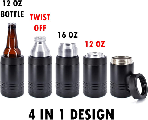 4-in-1 Stainless Steel 12 oz Double Wall Vacuum Insulated Can or Bottle Cooler Keeps Beverage Cold for Hours - Also Fits 16 oz Cans - Powder Coate...