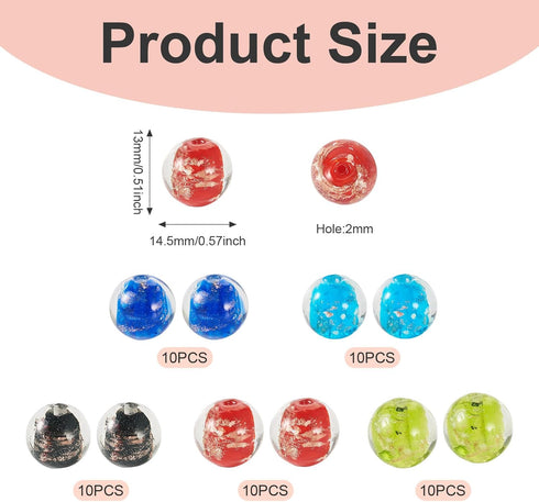 50Pcs Glow in The Dark Lampwork Beads 14.5mm Round Gold Sand Glass Beads Handmade Millefiori Crystal Beads Spacers for Crafts DIY Jewelry Making S...
