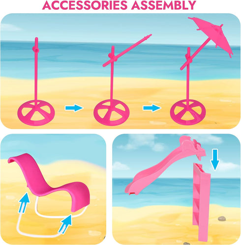 BETTINA Pool Playset - Glam Pool with Slide, Doll Pool Accessories includes Beach Chair, Beach Umbrella, Dog, Swimming Pool Set for 12 Inch Dolls,...
