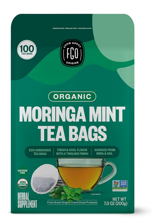 FGO Organic Moringa Mint Tea, 100 Count, Eco-Conscious Herbal Tea Bags, Resealable Bag, Caffeine Free, Packaging May Vary (Pack of 1)...