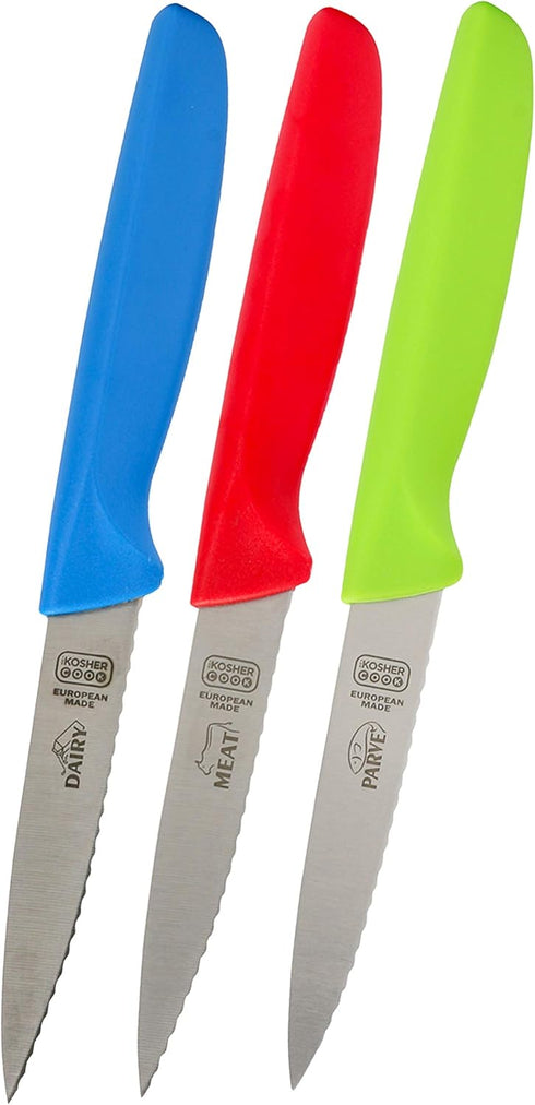 Kitchen Knife 3-Piece Set - 4 inches - Steak and Vegetable Knife - Razor Sharp Pointed Tip, Serrated Edge - Color Coded Kitchen Tools...