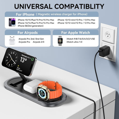 3 in 1 Wireless Charger for iPhone, Magnetic Foldable Charging Station for Magsafe for iPhone 15/14/13/12/Pro Max/Pro/Mini/Plus, Apple Watch 9/8/7...