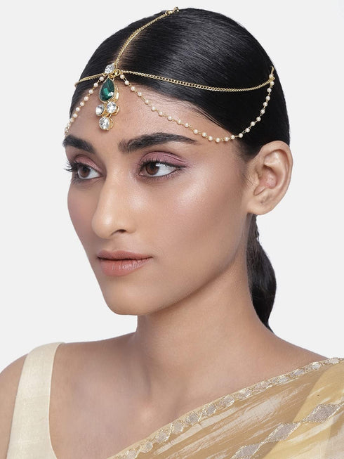 I Jewels Gold Plated Indian Wedding Bollywood Pearl Head Piece/Head Bands/Head Chain/Mathapatti/Maang Tikka for Women (T1083)...